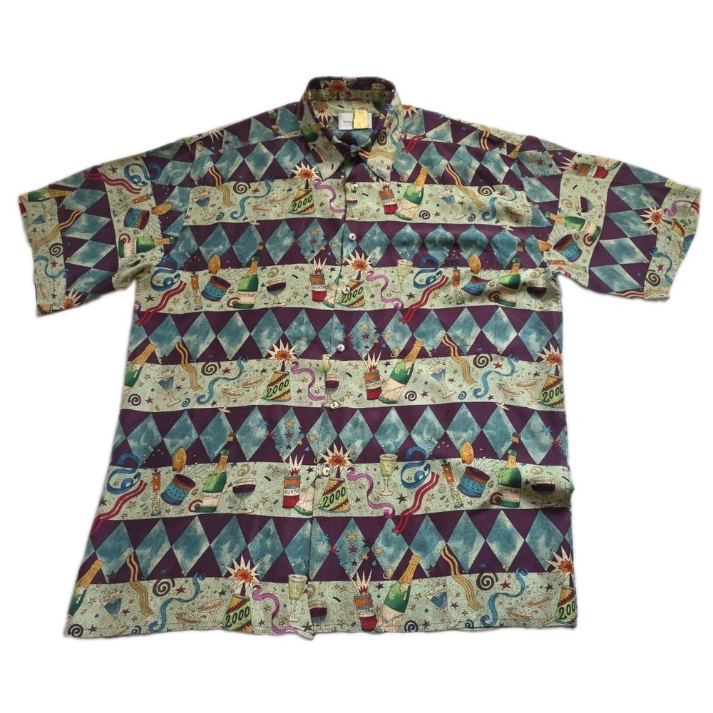 Vintage Burma Bibas Millennium 2000 Silk Shirt XL New Years Eve Y2K Party Camp
